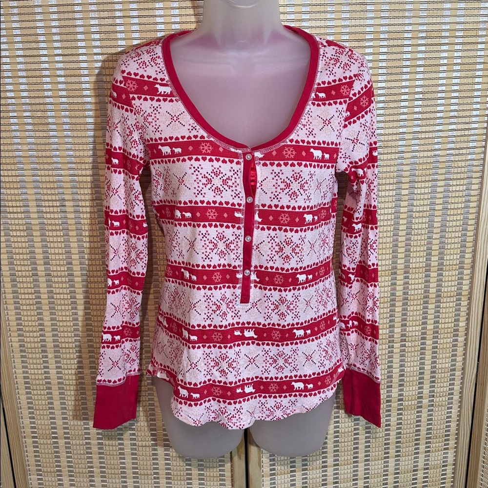 Victoria's Secret Thermal Henley Pajama Top Holiday Print Small